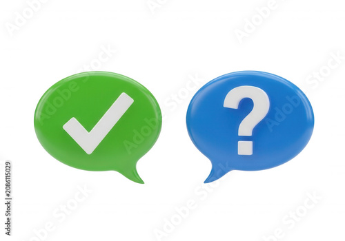 Glossy green checkmark and blue question mark speech bubbles isolated on transparent background for 3d graphics