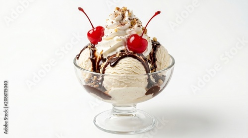 Foto Classic vanilla ice cream sundae, a delicious dessert with rich chocolate syrup, whipped cream, and bright red maraschino cherries, perfect for menus and sweet treat promotions