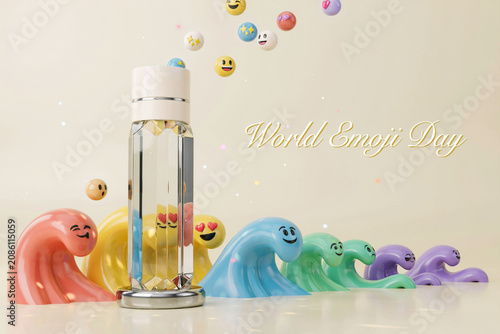 World Emoji Day Concept with Crystal Bottle and Colorful Emoji Wave Characters