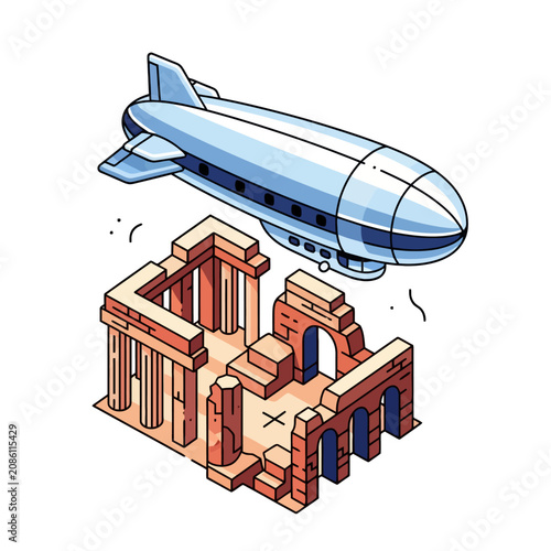 Isometric blimp flying over ancient ruins vector illustration.