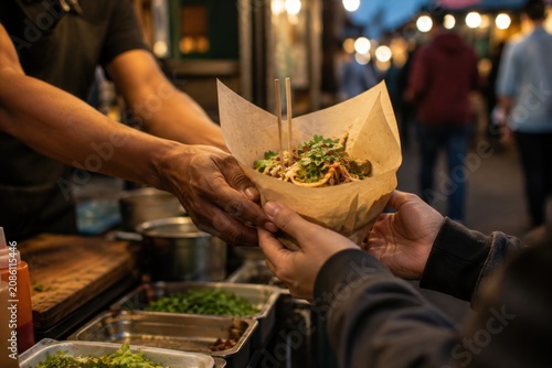 Street food vendor hands over a wrapped dish with chopsticks to a customer at a bustling night market with blurred people and food stalls in the background