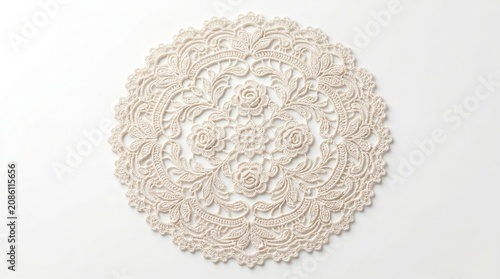 Elegant beige lace doily, intricate floral pattern, delicate ornamental textile, vintage-inspired decorative fabric for crafts and home decor