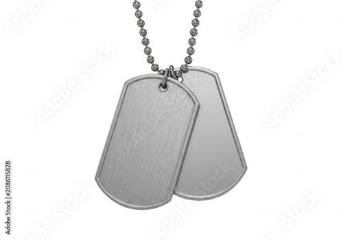 Two brushed metal military dog tags on chain isolated on transparent background for adventure and army designs