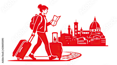 Photography Woman traveler with luggage and map in front of Florence cityscape
