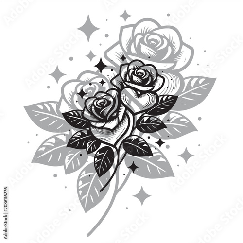old school tattoo rose vector illustration with stars and leaves