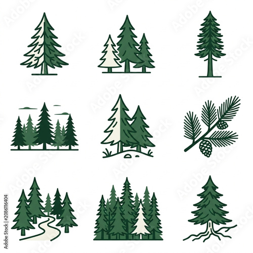 Billede på lærred Collection of green pine tree illustrations in various styles.