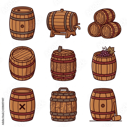 Tableau sur toile Collection of wooden barrels in various styles and sizes.