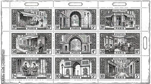 Tablou pe pânză Vintage Parisian Street Scenes: Cafes, Arches, and Daily Life Stamp Sheet