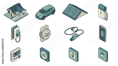 Foto Collection of modern electronic devices and office gadgets in teal color scheme