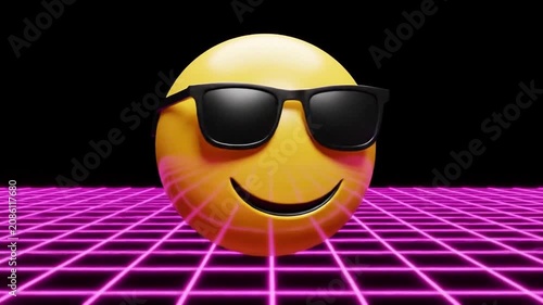 Yellow smiling cool emoji face with black sunglasses on purple neon grid pattern background. Suitable for social media posts or advertisements.