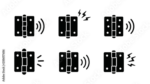 Black door hinge icons with sound wave and motion symbols representing squeaky hardware maintenance needs