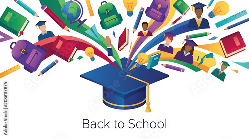 Colorful back to school concept with graduation cap and supplies