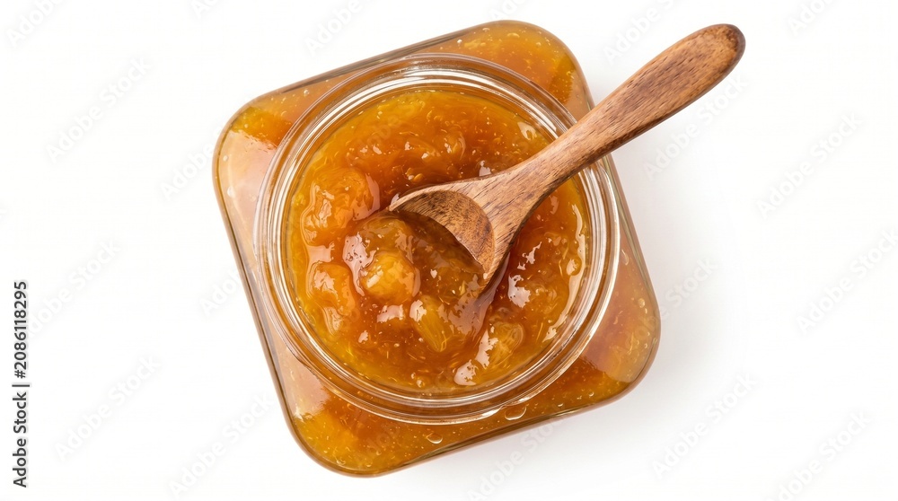 Fototapeta premium Top Down View of Apricot Jam in Glass Jar with Wooden Spoon