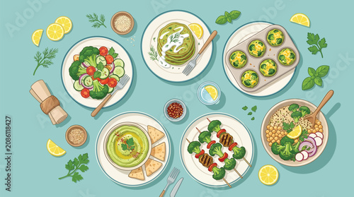 A vibrant top-down illustration of various healthy green dishes including salads, dips, pancakes, skewers, and grain bowls, surrounded by fresh ingredients.