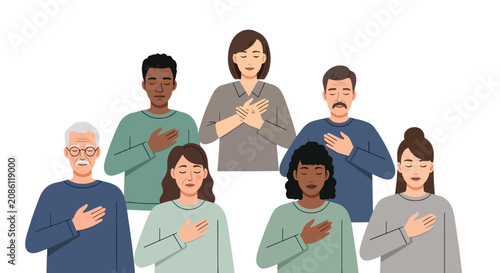 Quadro su tela A diverse group of people standing with closed eyes and hands over their hearts, showing respect, gratitude, or a moment of solemn silence