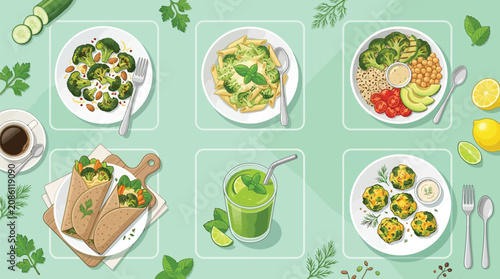 A vibrant and healthy assortment of vegetarian dishes, including broccoli salads, wraps, and green smoothies, presented in a clean, top-down view.