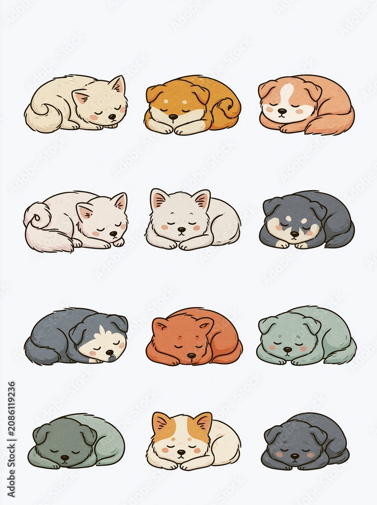 Obraz premium Set of twelve cute small dogs sleeping in different poses