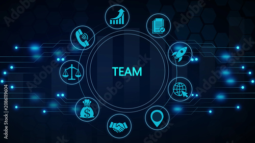 Blue glowing teamwork encircling the word 
