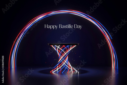 Bastille Day, French celebration, light trails, red white blue, festive night