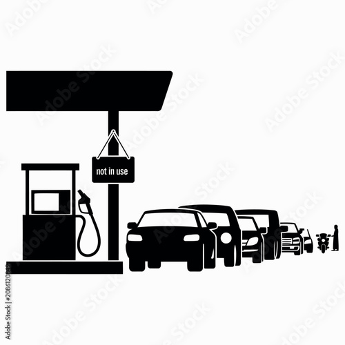 Gas station queue black white illustration featuring cars and trucks waiting for fuel at petrol station transportation infrastructure and refueling service concept.
