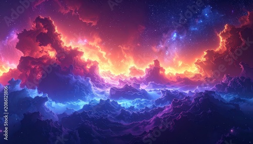 A vibrant cosmic nebula with glowing clouds illuminated by fiery oranges and deep purples against a starry night sky.