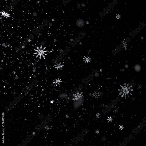 A flurry of delicate snowflakes falls against a deep black background, creating a serene winter scene.
