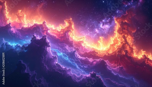 Vibrant nebula with fiery orange and cool blue clouds against a starry sky.