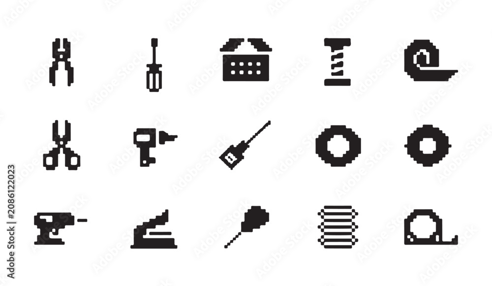 Fototapeta premium Repair and construction tool icons in pixel art style for engineering workshop services.