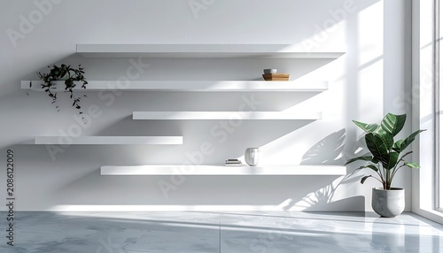 A minimalist interior scene featuring white floating shelves on a white wall, with a potted plant and decorative items.