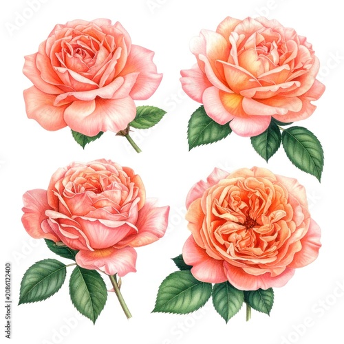 Four exquisite watercolor paintings of coral-toned roses with lush green leaves, presented against a clean white background.