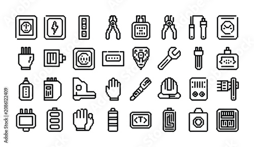 Collection of outline pixel art electrical icons representing utility and maintenance gear.