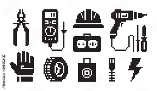 Black and white pixel art tools set for electrical maintenance repair and construction job.