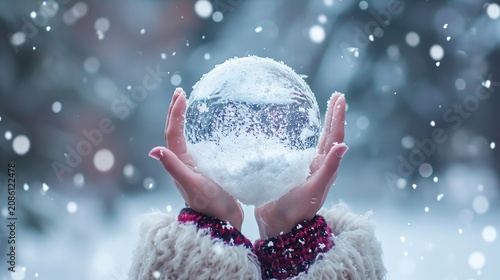 Hands in Warm Gloves Hold a Large Snowball Amid a Softly Blurred Winter Scene