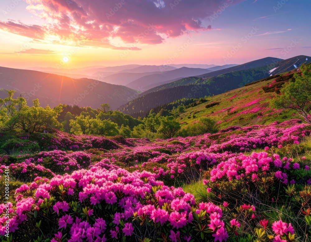Fototapeta premium A breathtaking mountain landscape unfolds at sunrise, bathed in the soft glow of dawn, with vibrant pink rhododendron flowers carpeting the foreground and rolling hills stretching into the distance.