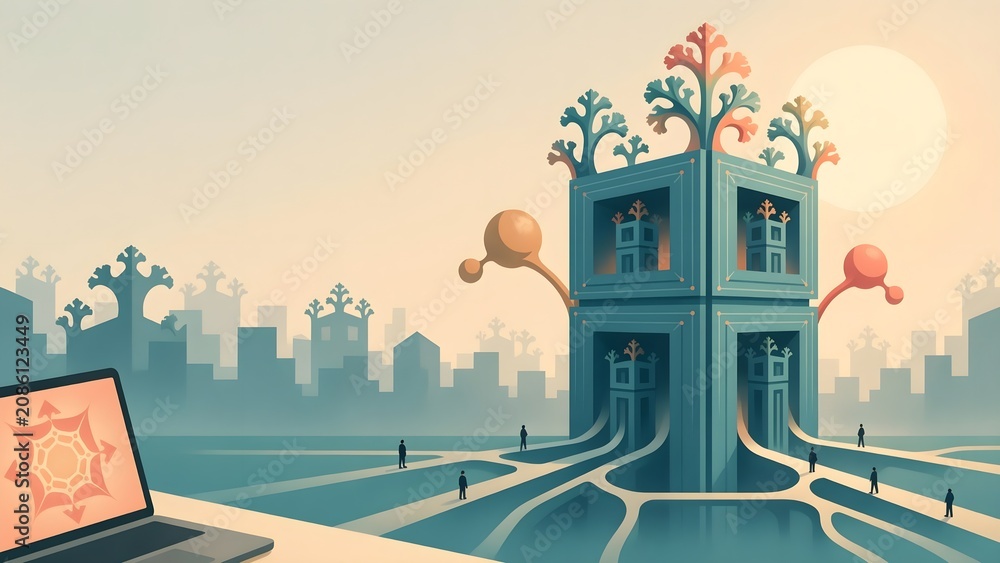 Fototapeta premium Modern business environments visualized through repeating fractal structures and organic growth patterns, innovative corporate illustration style