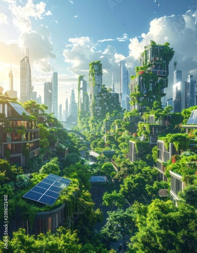 A futuristic green city skyline is bathed in sunlight, with buildings covered in lush vegetation and solar panels integrated into the landscape.