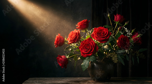 Close-up of Red Roses with Floating Dust Particles in Dark Setting