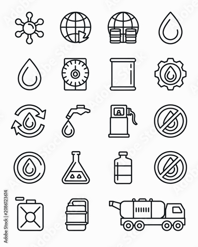 Energy and fuel icons black white collection featuring oil gas petrochemical industry and no fuel symbols for safety signage industrial applications and navigation systems.