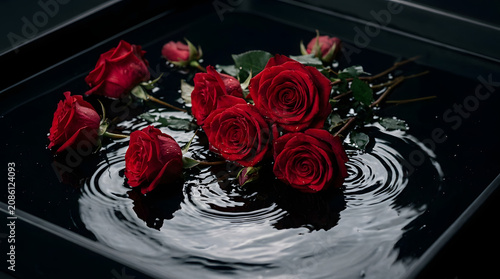 Close-up of Red Roses Floating in Black Liquid with Reflection