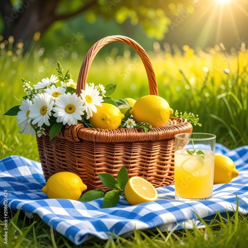 A refreshing picnic setup with lemons, lemonade, and flowers on a checkered blanket in the sun.