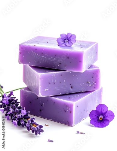 Three bars of lavender-scented soap are stacked with fresh lavender sprigs and purple flowers on a white background.
