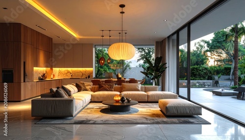 A spacious and modern living room and kitchen area with warm lighting and large windows overlooking a lush outdoor space.