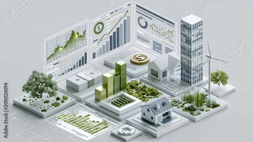 Diversified investment portfolio represented through digital charts, stocks, bonds, real estate and sustainable assets, minimalist financial illustration