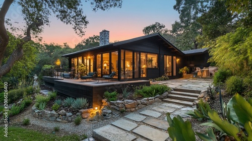 Stunning Modern Home with Outdoor Living at Dusk Showcasing Elegance