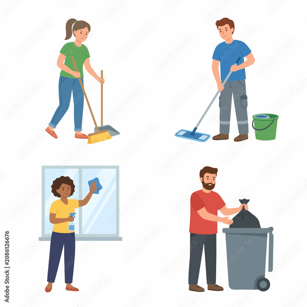 Fototapeta premium Cartoon characters cleaning house sweeping mopping washing window and taking out trash