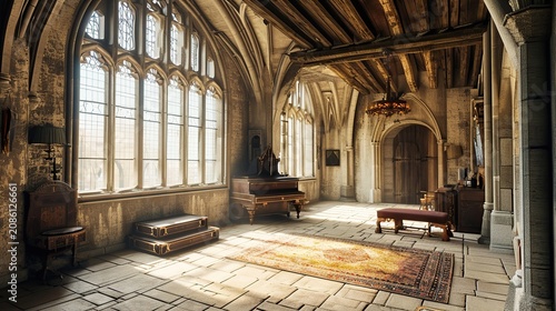 Interior of a Historic Gothic Revival Chapel with Tall Arched Windows and Wooden Benches
