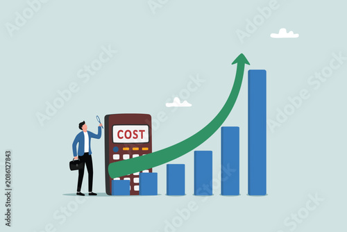 Cost management or expense analysis, business strategy to analyze and reduce cost to gain more profit concept, smart businessman using magnifying glass to analyze cost chart with calculator.