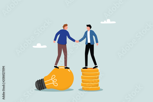 Photos Fundraising and venture capital—a business pitch or deal scenario—featuring an entrepreneur standing atop a light bulb, shaking hands with a venture capitalist while perched on a pile of coins