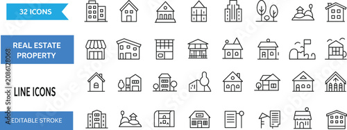 Fotografie Modern real estate line icons set featuring houses buildings property architectu
