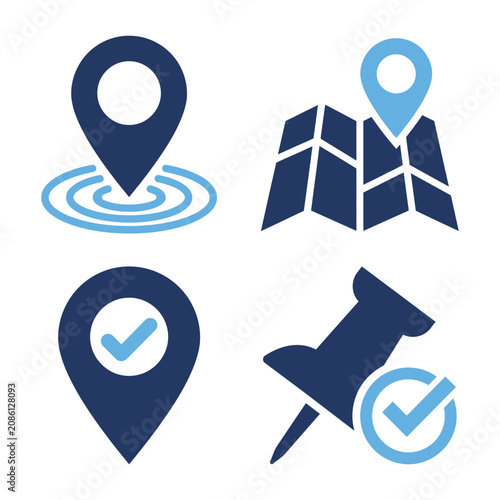 Location marker map and destination verification flat vector icon pack with location, verified